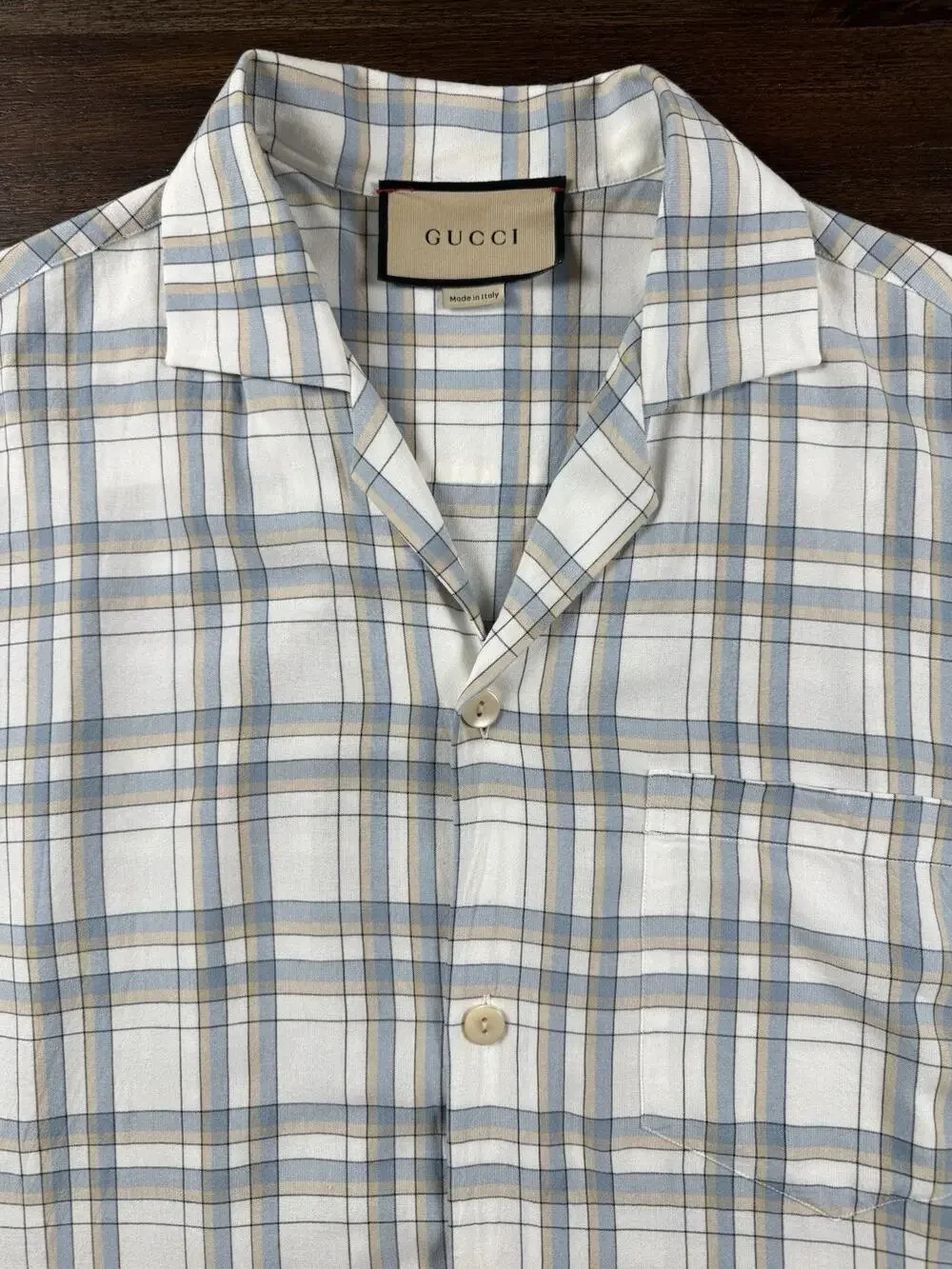 GUCCI Shirt Men’s 48 Blue White Short Sleeve Plaid